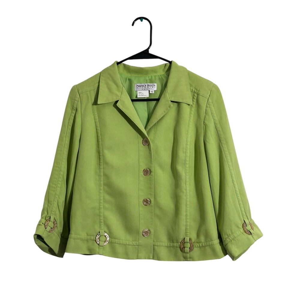 Nancy Bolen City Girl Vintage Lime Green 100% Silk Blazer Jacket Size Petite XS‎
